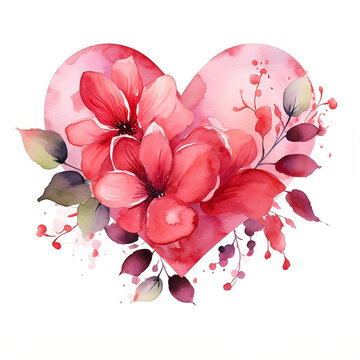 Watercolor Valentine day clipart with red and pink heart with flowers on a white background