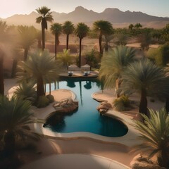 A desert oasis with a shimmering pool of water surrounded by palm trees3