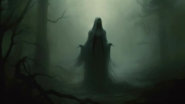 A solitary wraith lurks in the shadows an enigmatic being cloaked in mist and fog. Fantasy art concept.