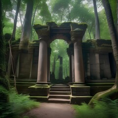 A mystical forest with ancient ruins intertwined with trees1