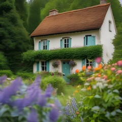 Fototapeta na wymiar A quaint cottage covered in ivy and surrounded by vibrant wildflowers1