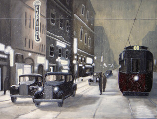A snowy winter night in the 1930s on Winnipeg's Portage Avenue.  