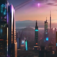 A cyberpunk city skyline with towering holographic advertisements2