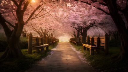 Dawn's Whisper in the Cherry Blossom Enclave - obrazy, fototapety, plakaty