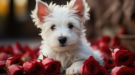 cute white puppy with red rose flower.