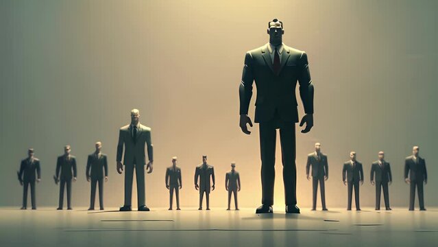 The authority figure stands tall and intimidating, while the subjects cower in fear and uncertainty. minimal 2d animation Psychology art concept