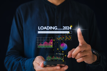 man holding smartphone web file team Data analytics Big data analysis technology .business direction graph monitoring computing network collection data download 2024 great changes in the new year 2024