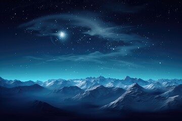Starry sky over snowy mountains at night in winter. Beautiful landscape with snow covered rocks, blue clouds and star. Mountain valley 
