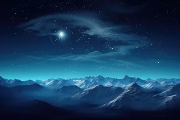 Fototapeten Starry sky over snowy mountains at night in winter. Beautiful landscape with snow covered rocks, blue clouds and star. Mountain valley  © ratatosk