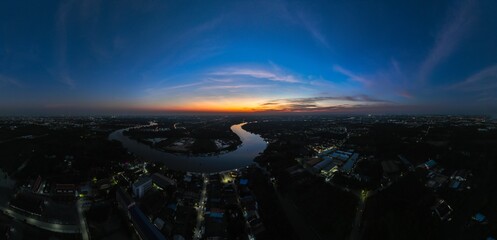 panorama high angle view, rural scene, Tha Chin River with blue sky at Twilight,