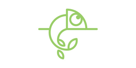 Naklejka premium chameleon logo design with plants, minimalist line logo, icon, vector, symbol.
