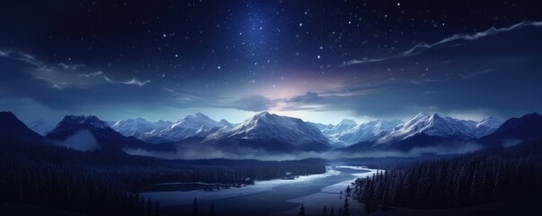 Starry sky over snowy mountains at night in winter. Beautiful landscape with snow covered rocks, blue clouds and star. Mountain valley  - obrazy, fototapety, plakaty