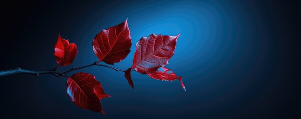 Macro autumn red leaves on tree branch on blue background. Winter or autumn forest. Beautiful nature concept. Dark natural background. Banner with copy space