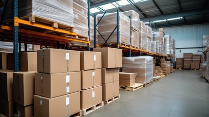 portrait of warehouse with stacks of cardboard ,Warehouse with stacks of boxes on wooden pallets. Wholesaler