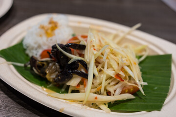Papaya salad with salted crab spicy food Thailand. Close up