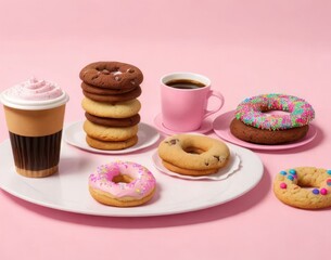 Donuts and coffee in a paper cup on a pink background.
