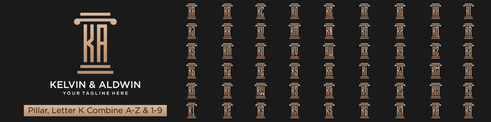 set of pillar logo design combined letter K with A to Z and numbers from 1 to 9. vector illustration