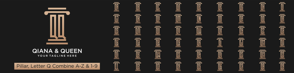 set of pillar logo design combined letter Q with A to Z and numbers from 1 to 9. vector illustration