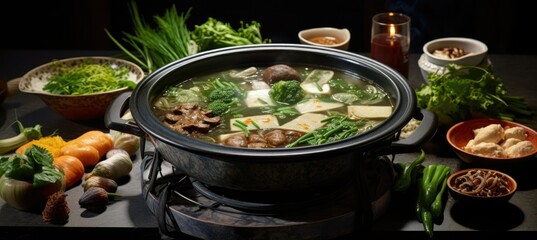 Korean hotpot, asian cuisine with steam in restaurant 