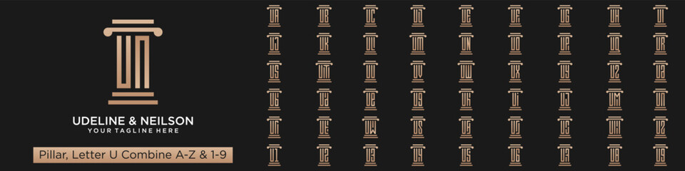 set of pillar logo design combined letter U with A to Z and numbers from 1 to 9. vector illustration