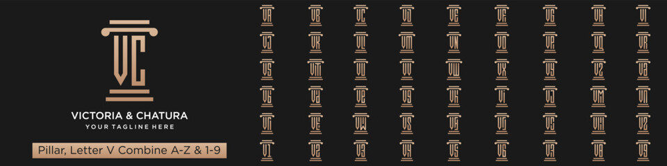 set of pillar logo design combined letter V with A to Z and numbers from 1 to 9. vector illustration
