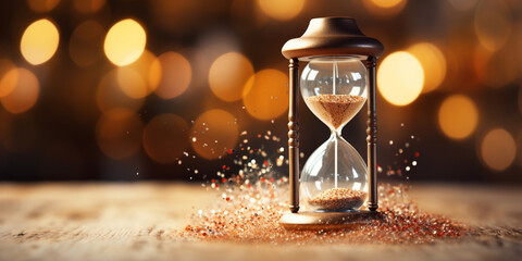 hourglass, time running concept Sands in an hourglass on a blurred background. AI Generative