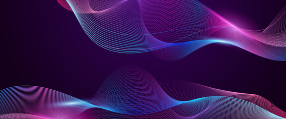 Technology background. Dark abstract background with glowing wavy. Dynamic wave pattern design. Modern purple blue gradient flowing wave lines. Futuristic technology concept. Vector illustration
