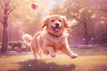 Playful Golden retriever dog jumping and enjoying happily with catching a ball with its paws - obrazy, fototapety, plakaty