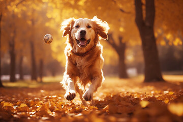 Playful Golden retriever dog jumping and enjoying happily with catching a ball with its paws - obrazy, fototapety, plakaty