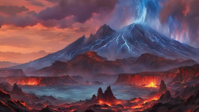 Captivating footage volcanic eruption, blue lava cascades down slopes mountain, painting landscape mesmerizing hues.
