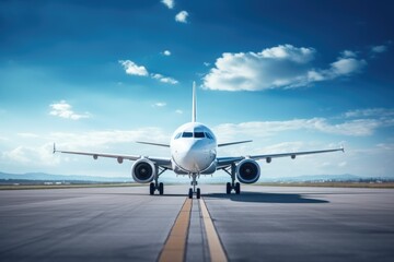 A Boeing passenger plane stands on the runway at the airport. Air passenger transportation