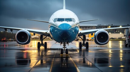 A passenger plane stands at the airport on a rainy day. Air passenger transportation