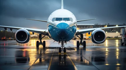 Fototapeten A passenger plane stands at the airport on a rainy day. Air passenger transportation © Е К