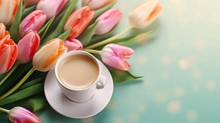 Colorful Spring Tulip and Cup of Hot Coffee Latte on Pink Background, Ideal for Mother's Day and Valentine's Day. Copy Space for Banner - obrazy, fototapety, plakaty