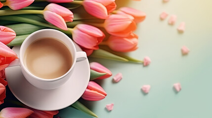 Fototapeta na wymiar Colorful Spring Tulip and Cup of Hot Coffee Latte on Pink Background, Ideal for Mother's Day and Valentine's Day. Copy Space for Banner