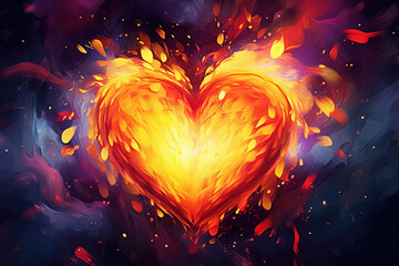 Colorful Blazing Neon Heart Shape Love on Sky - Valentine's Background with Abstract Fiery Heart Isolated on Dark Sky Background. Illustration Art