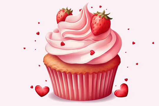 Birthday Cake Cute Cupcake in Watercolor Illustration Art, Pink Background. Stylish with a Transparent Background, Perfect for Valentine's Day, Birthday, Holiday, Food