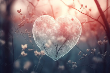 3D Heart Made with Spider Net on Tree Branch - Winter Dew Watery Love in Misty Foggy Winter Landscape Background. Double Exposure Heart Symbolizes Love for Nature in a Valentine's Day Celebration