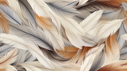 Photorealistic image of white, tan and brown feathers in an abstract seamless pattern