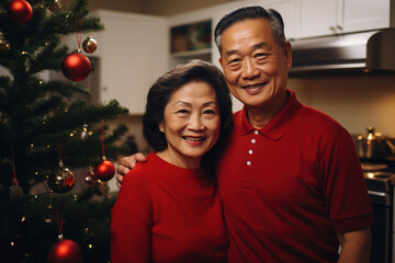 Senior Asian couple at home in kitchen, Christmas time