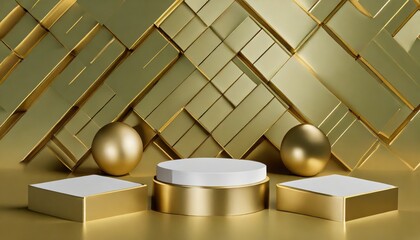 Product display podium with golden decoration and glitter light effect elements and star. luxury background.