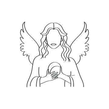 Archangel Haniel, Female, holding the moon line art elegant minimalist outline artwork 