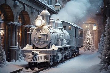 Enchanted Christmas train in winter town with Christmas tree, white tones - obrazy, fototapety, plakaty