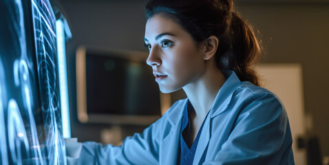 Young female doctor checking x-ray