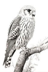 Pencil drawing of a kestrel falcon bird on a branch. bird of prey