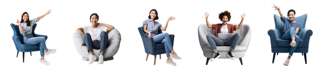Set of portrait of attractive cheerful young woman sitting in armchair, isolated on white background, png - Powered by Adobe