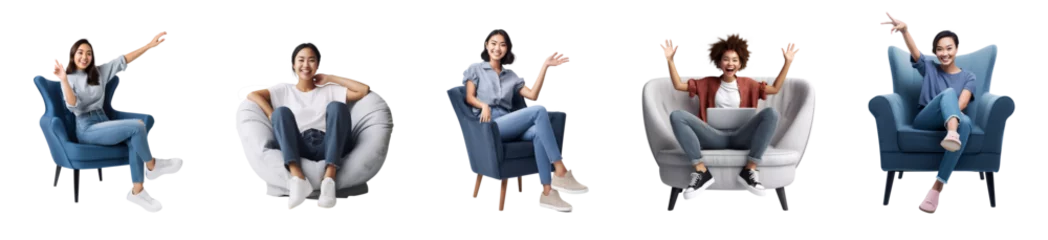Foto op Canvas Set of portrait of attractive cheerful young woman sitting in armchair, isolated on white background, png © 361 Portrait Studio