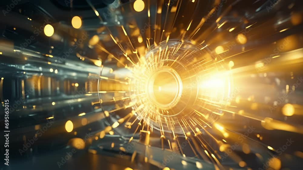 Poster closeup of a large particle accelerator, with intense beams of particles colliding to produce tiny e
