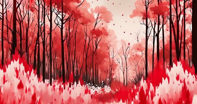 Abstract illustration of a red forest landscape