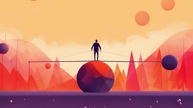 A person standing on a tightrope balancing the various pressures of life. Psychology art concept.